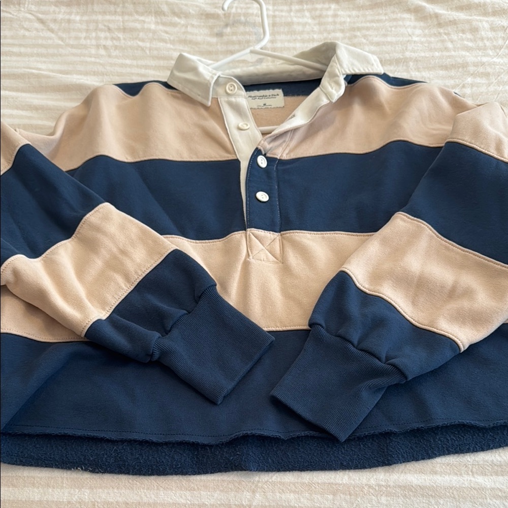 Abercrombie Striped Rugby Shirt in Navy and Beige